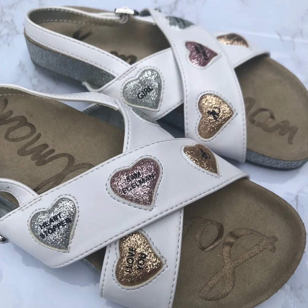 Sam Edelman girl’s Bethel Kandi white heart crisscross sandal shoes size 3